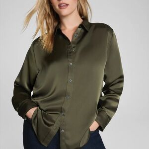 SPANX BETTER THAN SILK BUTTON DOWN Color Dark Pine Green Womens size Small NWT